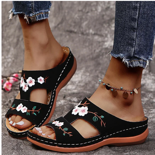 Sandales d’été pour femmes à bout ouvert, sandales fleuries confortables, chaussons rétro, Zapatillas Mujer
